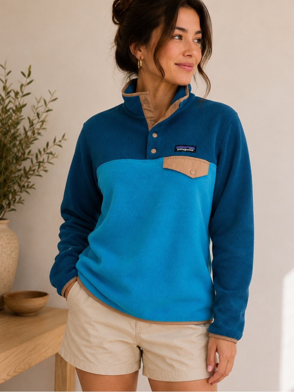 Patagonia Synchilla Snap-T Fleece Pullover Blue Beige Women’s Sweater Jacket S